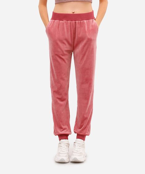 calça reta de plush cintura alta esportiva rosa