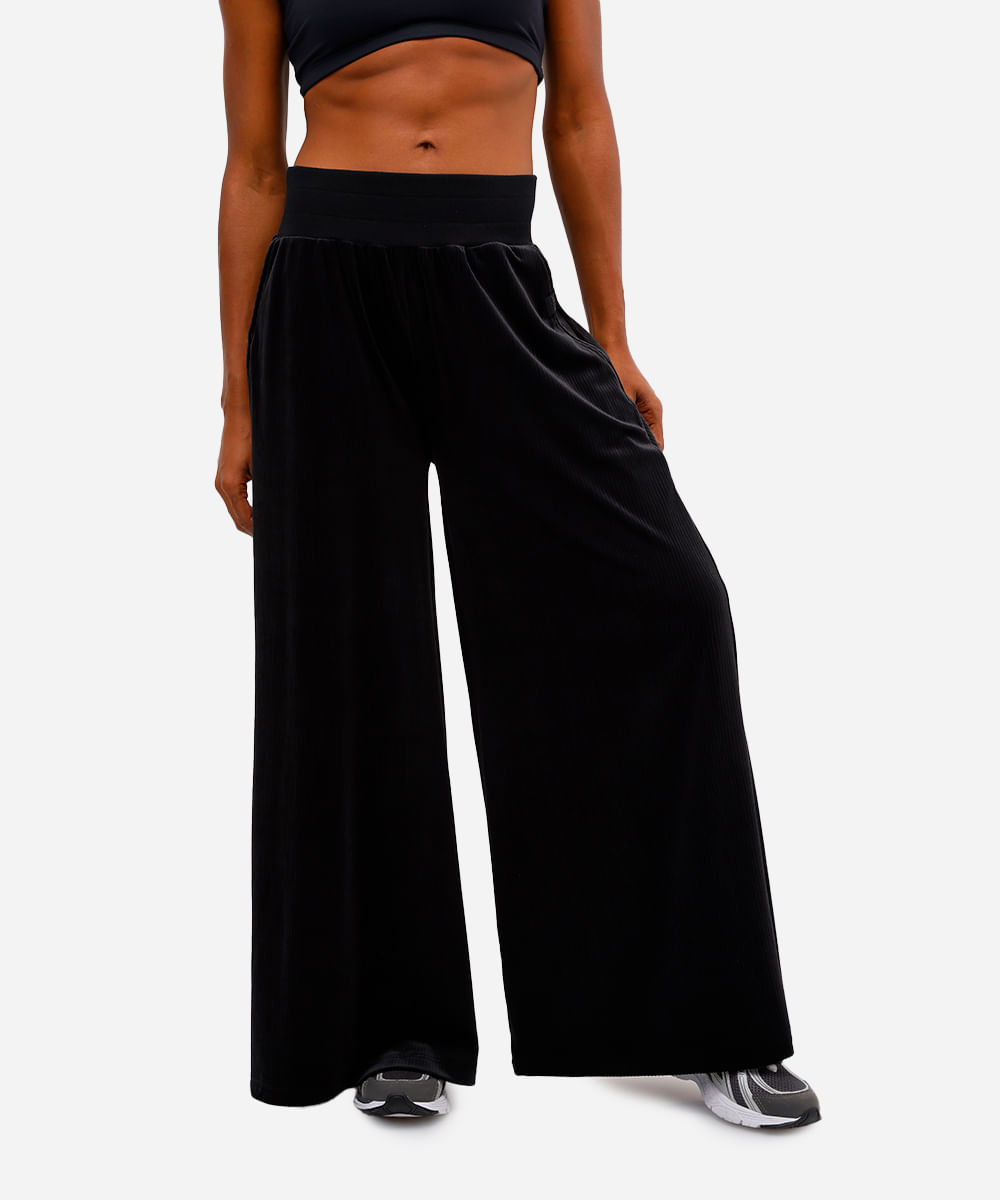 calça wide leg feminina plush esportiva preta