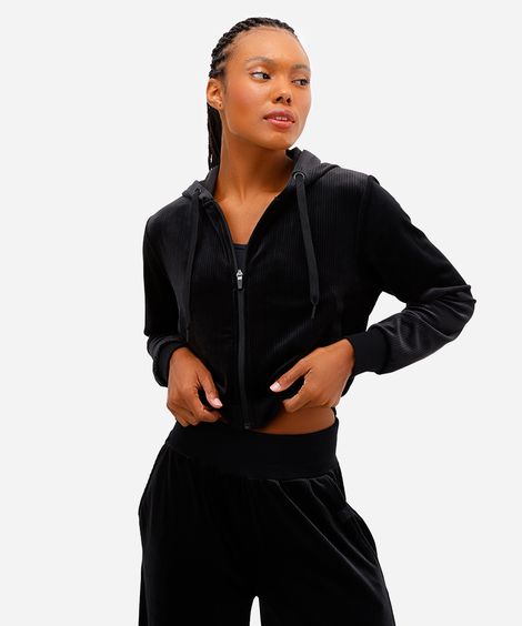 jaqueta bomber cropped plush esportiva com capuz preta