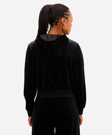 jaqueta bomber cropped plush esportiva com capuz preta