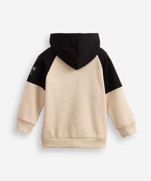 jaqueta infantil de moletom com capuz e bolso bicolor bege