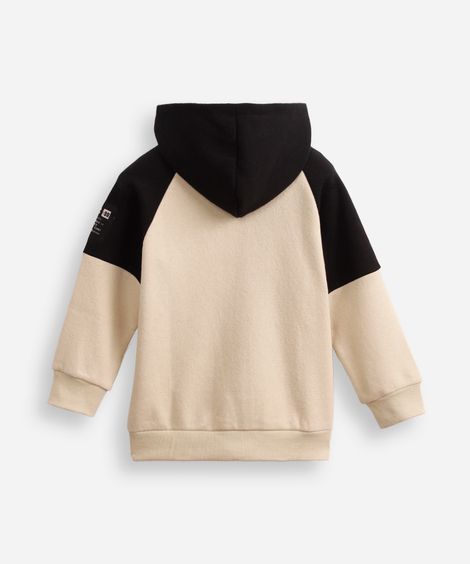 jaqueta infantil de moletom com capuz e bolso bicolor bege