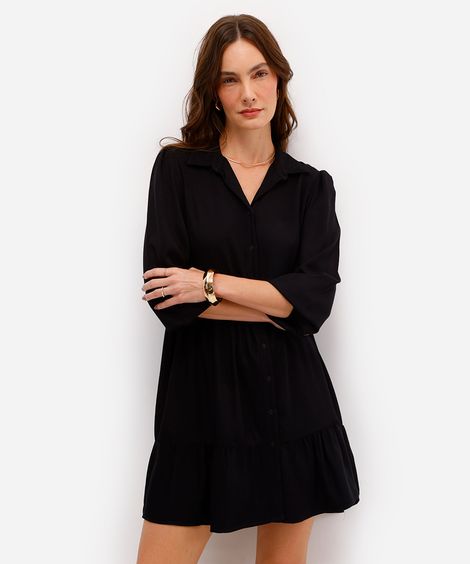 vestido chemise midi de viscose manga bufante preto