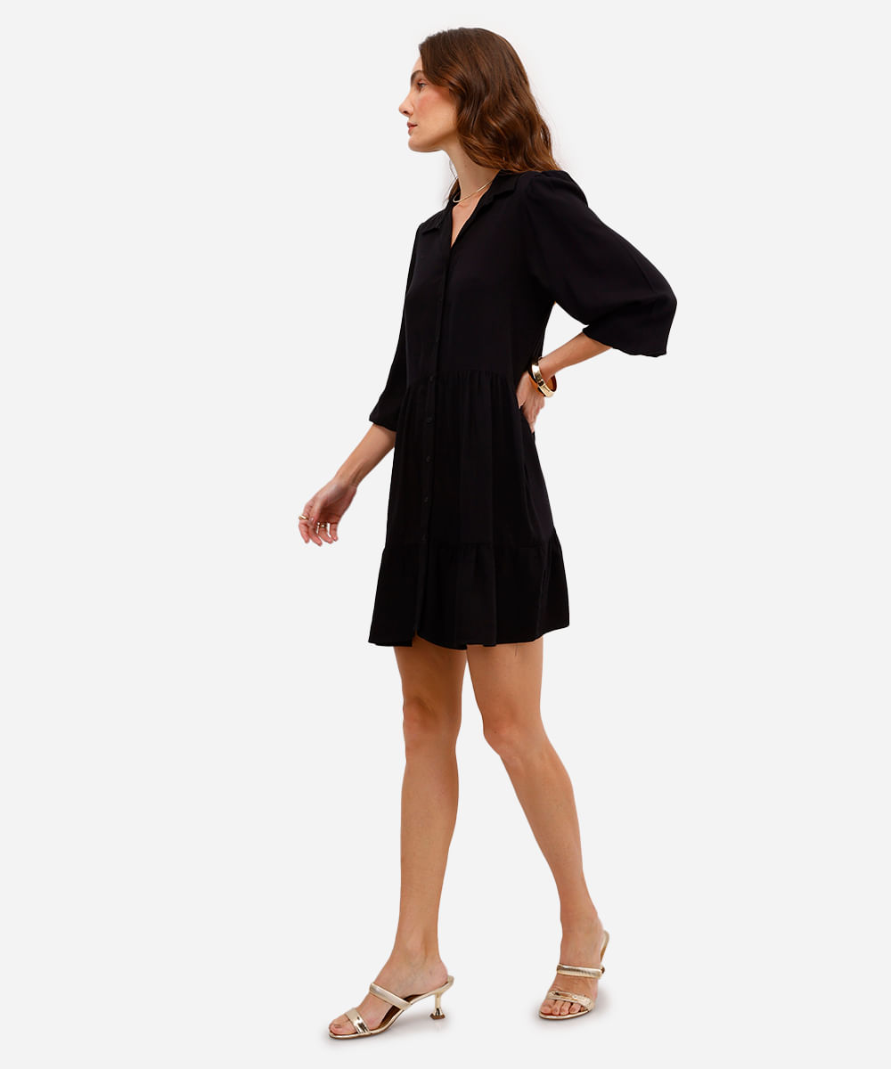vestido chemise midi de viscose manga bufante preto