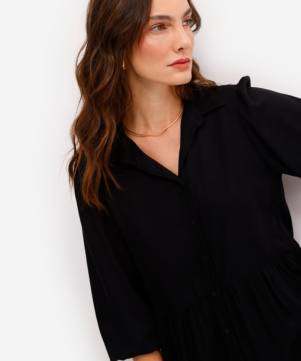 vestido chemise midi de viscose manga bufante preto