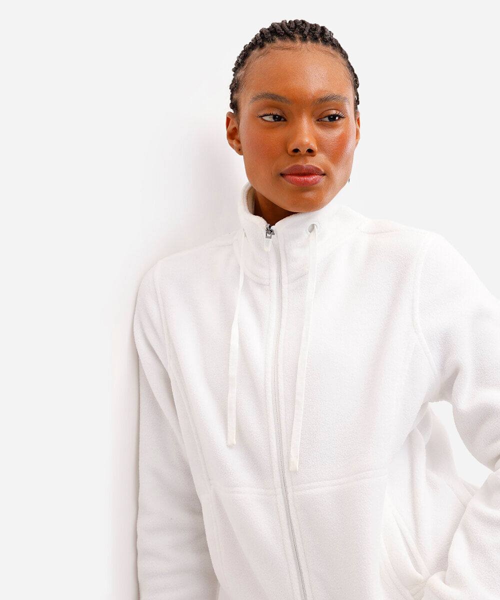 jaqueta de fleece gola alta esportiva branco
