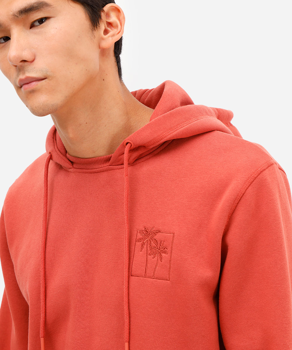 blusão masculino de moletom com capuz e bordado laranja