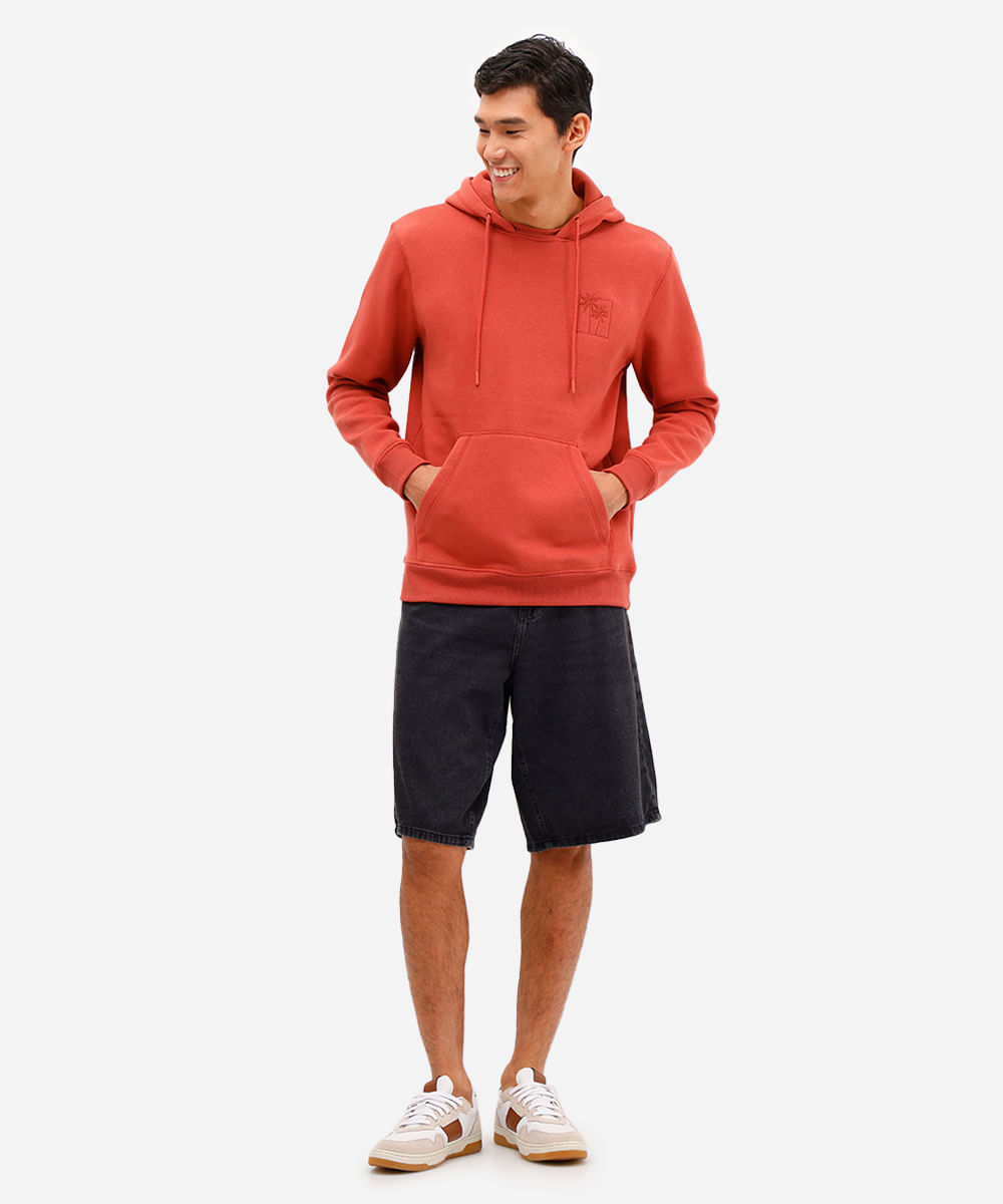 blusão masculino de moletom com capuz e bordado laranja