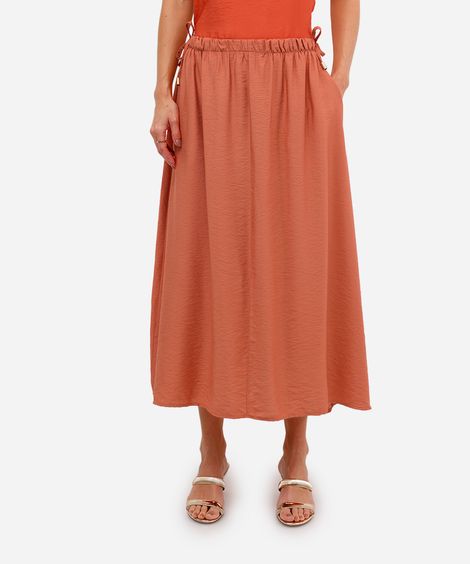 saia longa feminina evasê cós elástico texturizada laranja