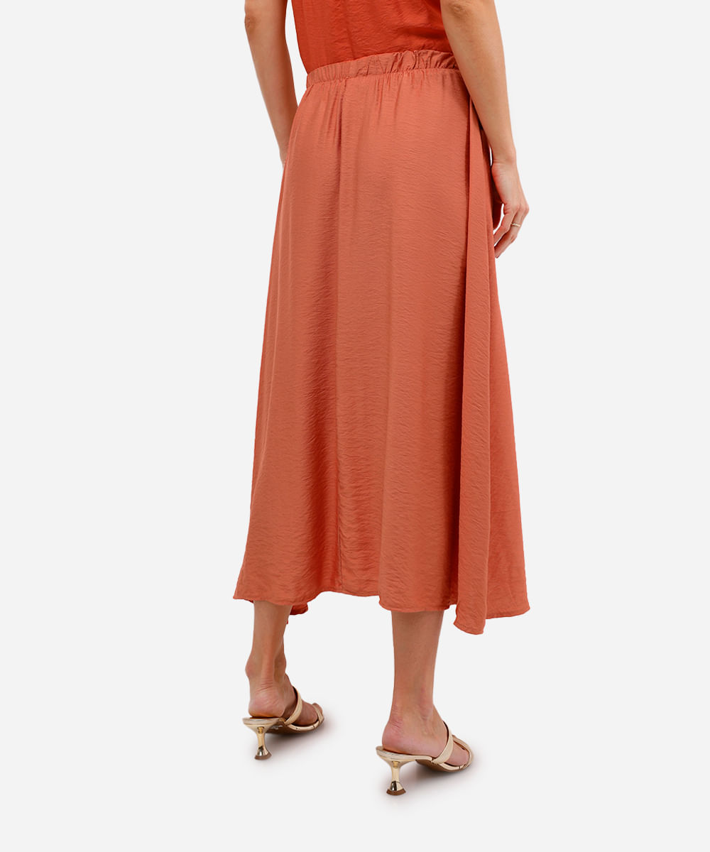 saia longa feminina evasê cós elástico texturizada laranja