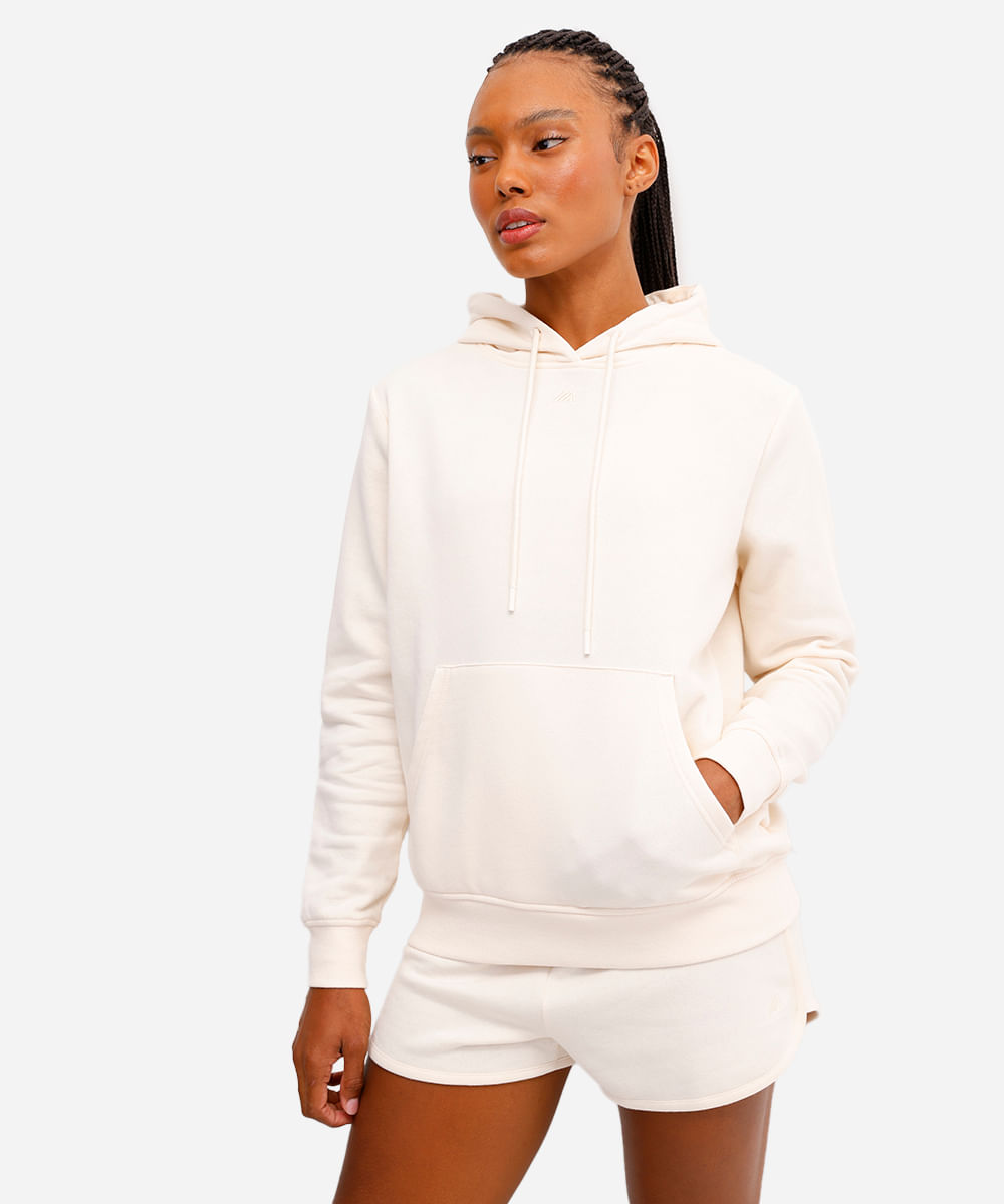 blusa feminina de moletom com capuz e bolso off white