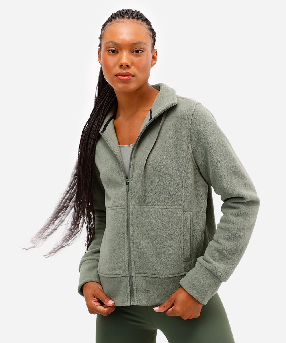 jaqueta feminina de fleece gola alta esportiva verde