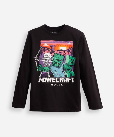 blusa de algodão infantil manga longa minecraft preta