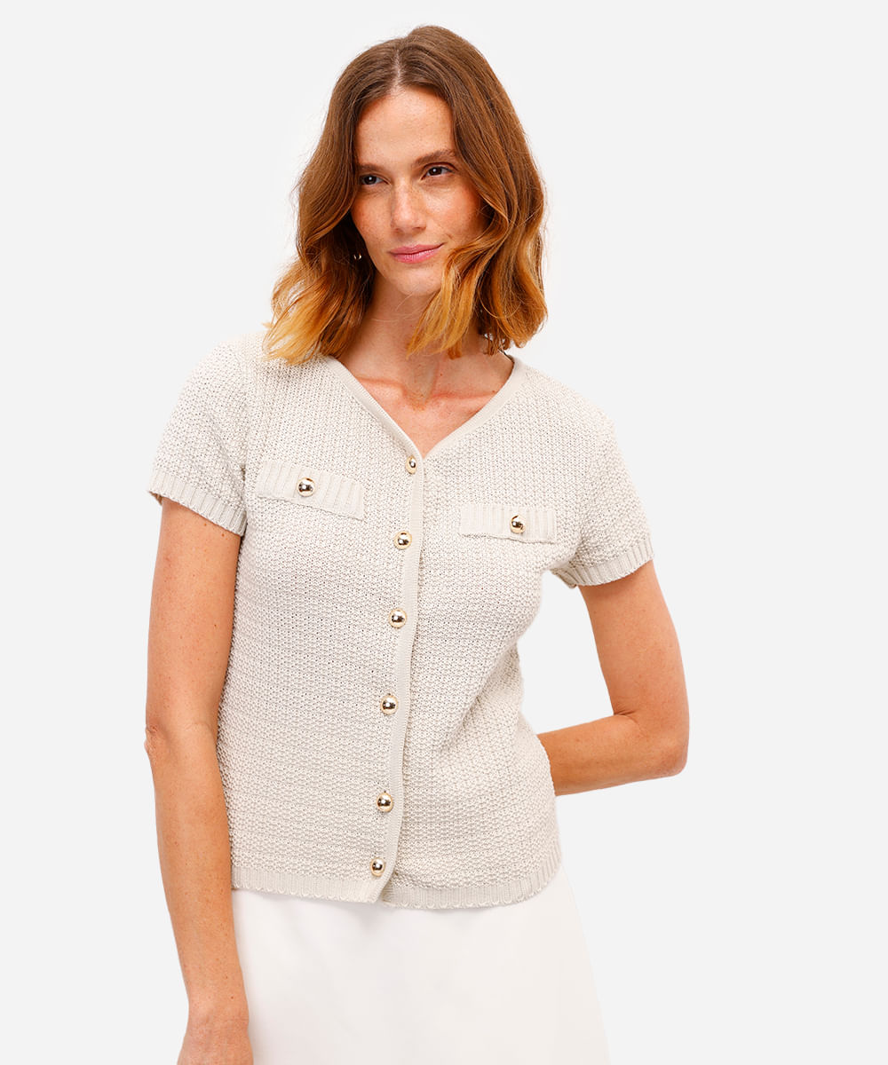 blusa feminina de tricot manga curta bege