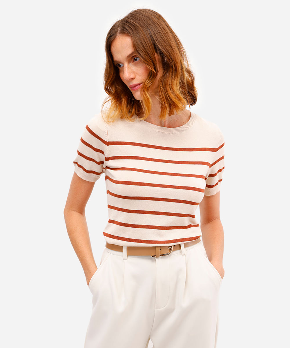 blusa feminina de tricot listrada bege