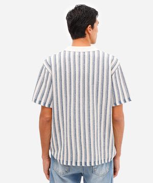 camisa masculina de tricot manga curta listrada azul