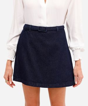 short saia feminino jeans com cinto azul