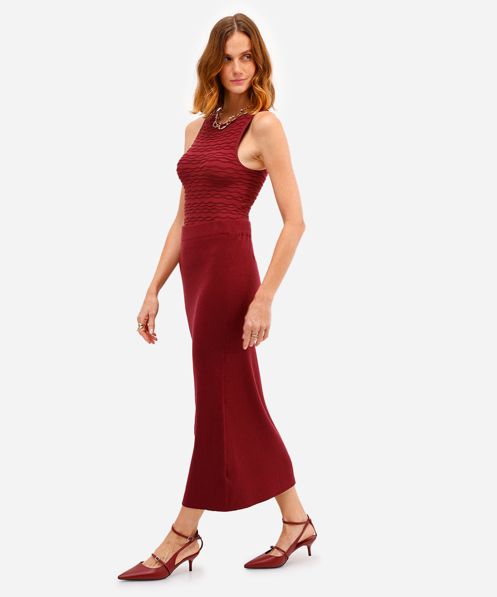 saia midi feminina de tricot cós elástico vinho