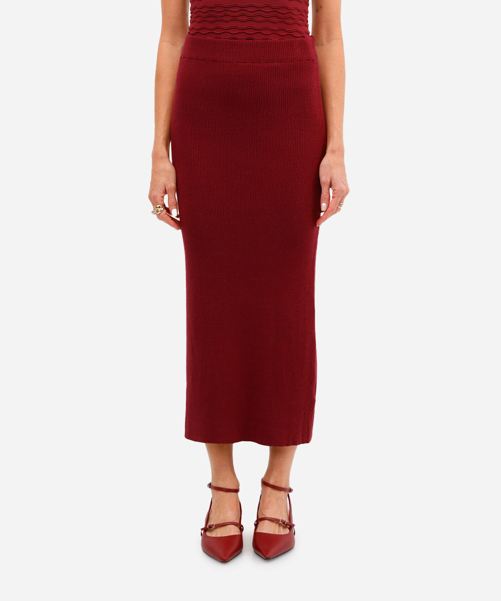 saia midi feminina de tricot cós elástico vinho