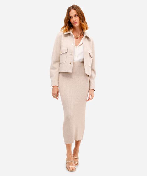 saia midi feminina de tricot cós elástico bege