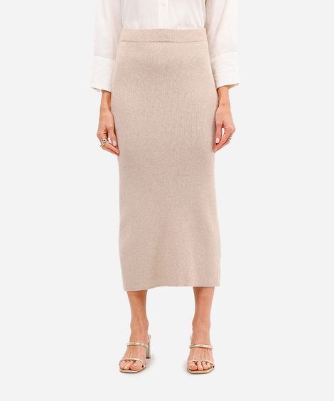 saia midi feminina de tricot cós elástico bege