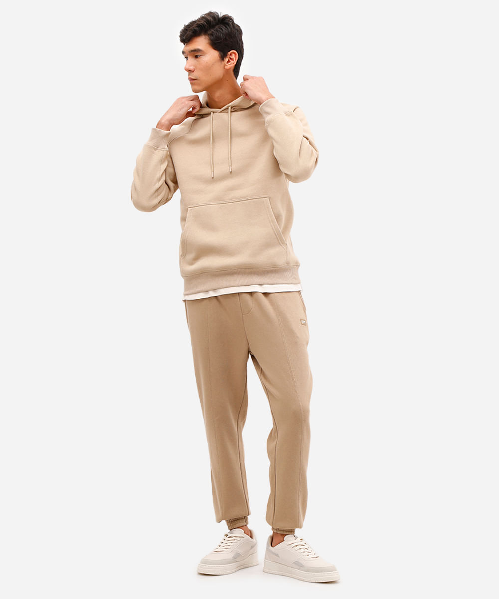 blusão básico masculino de moletom com capuz bege