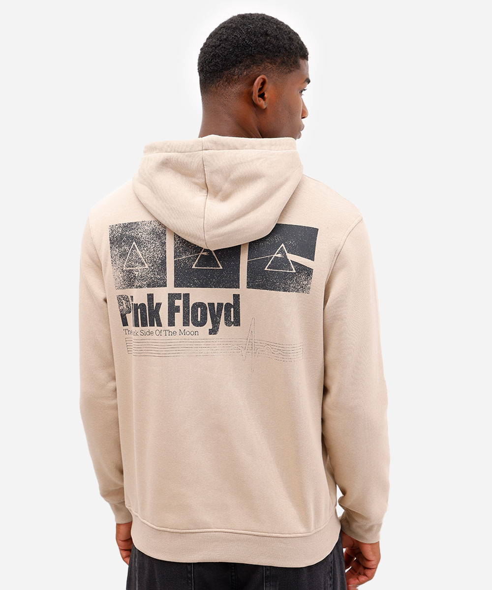 blusão masculino de moletom pink floyd com capuz bege