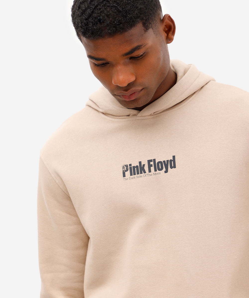 blusão masculino de moletom pink floyd com capuz bege