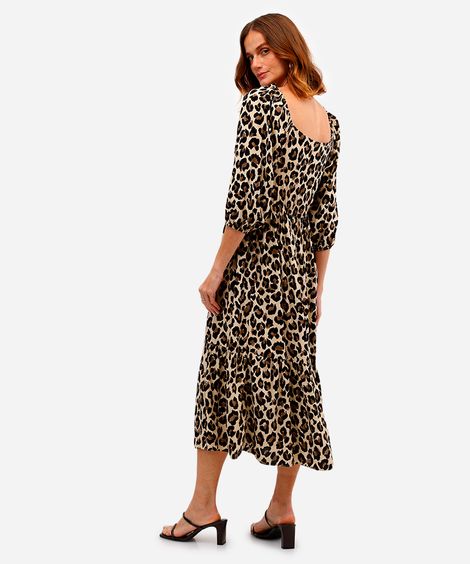 vestido midi feminino de viscose manga bufante animal print bege
