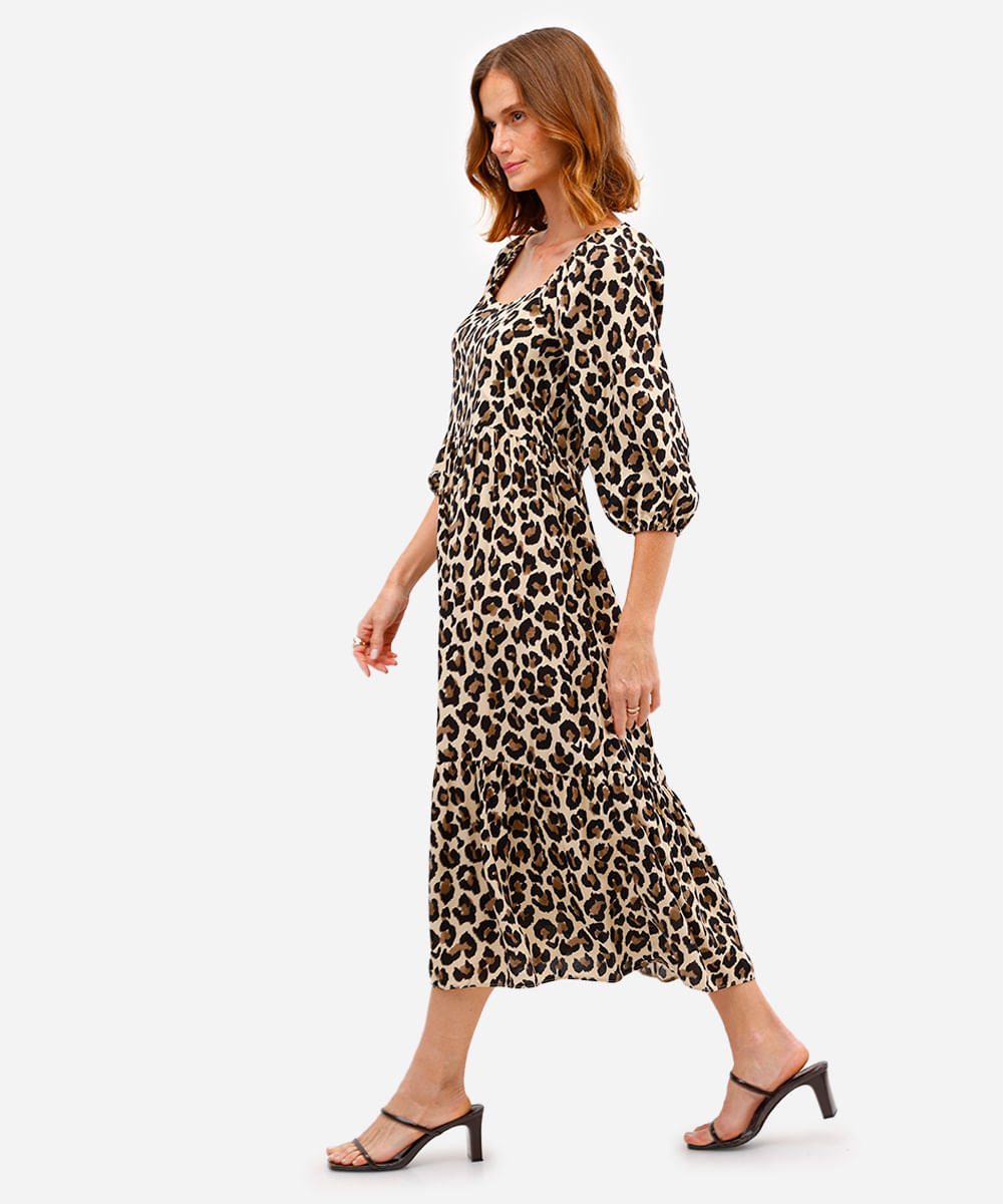 vestido midi feminino de viscose manga bufante animal print bege