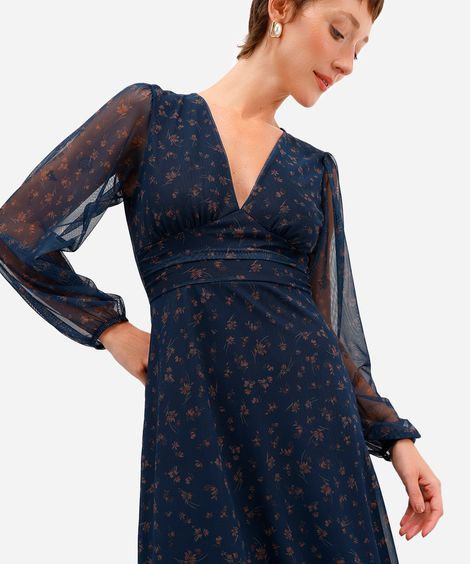 vestido midi feminino de tule manga bufante floral azul