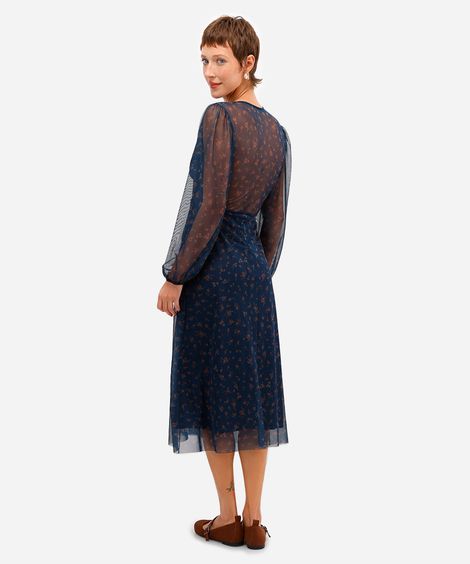 vestido midi feminino de tule manga bufante floral azul