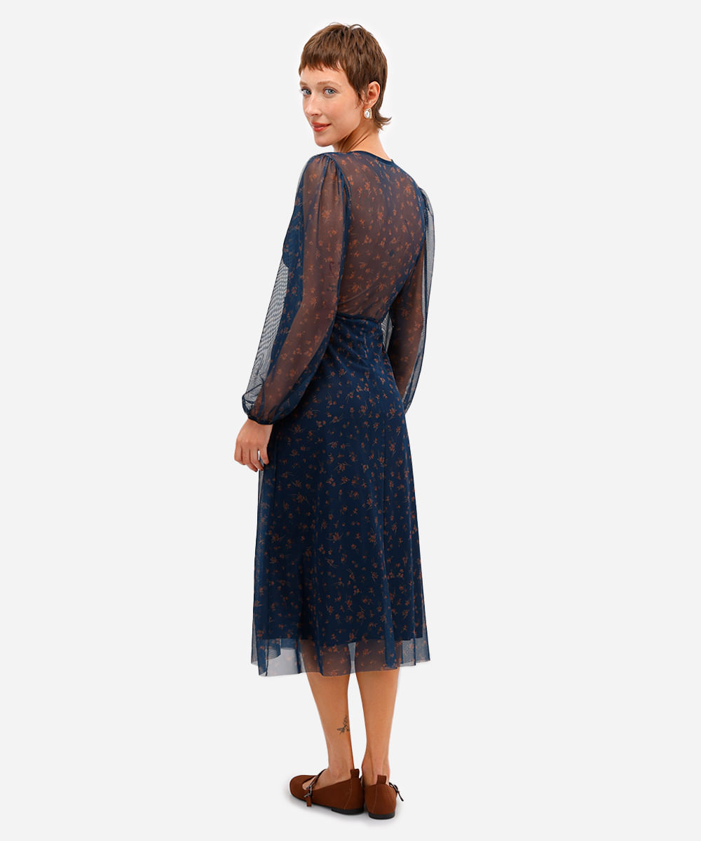 vestido midi feminino de tule manga bufante floral azul