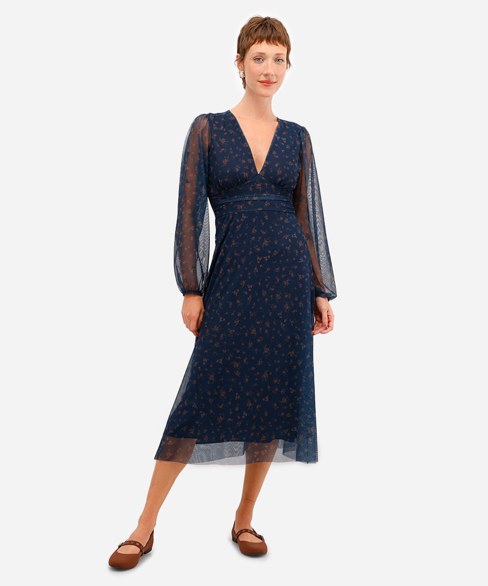 vestido midi feminino de tule manga bufante floral azul