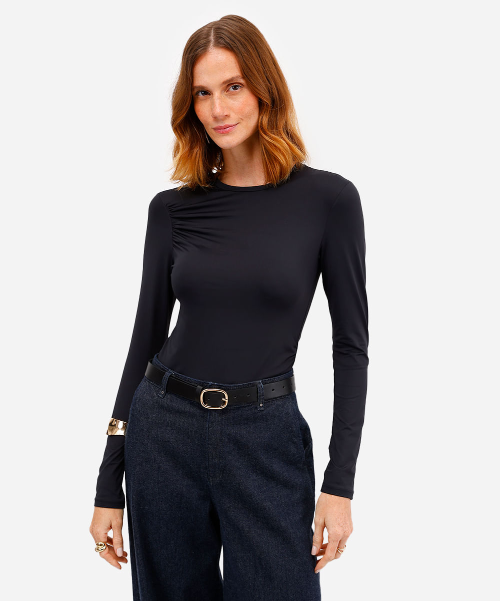 blusa feminina de poliamida manga longa franzida preta