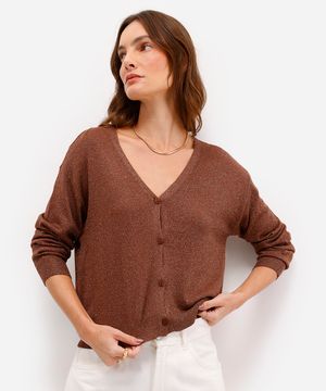 cardigan feminino de tricot com lurex marrom