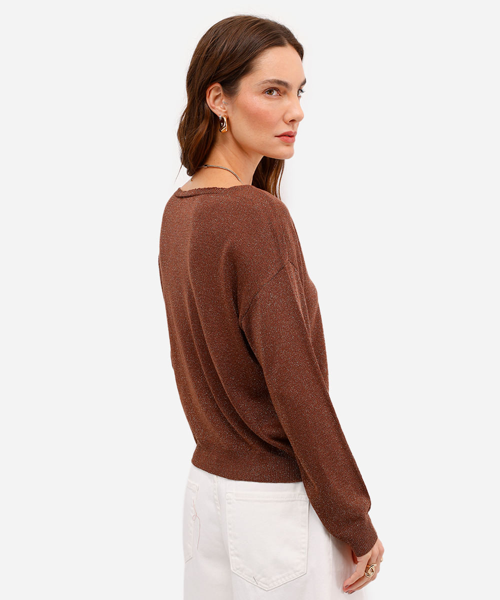 cardigan feminino de tricot com lurex marrom