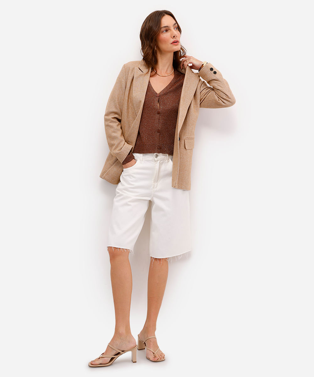 cardigan feminino de tricot com lurex marrom