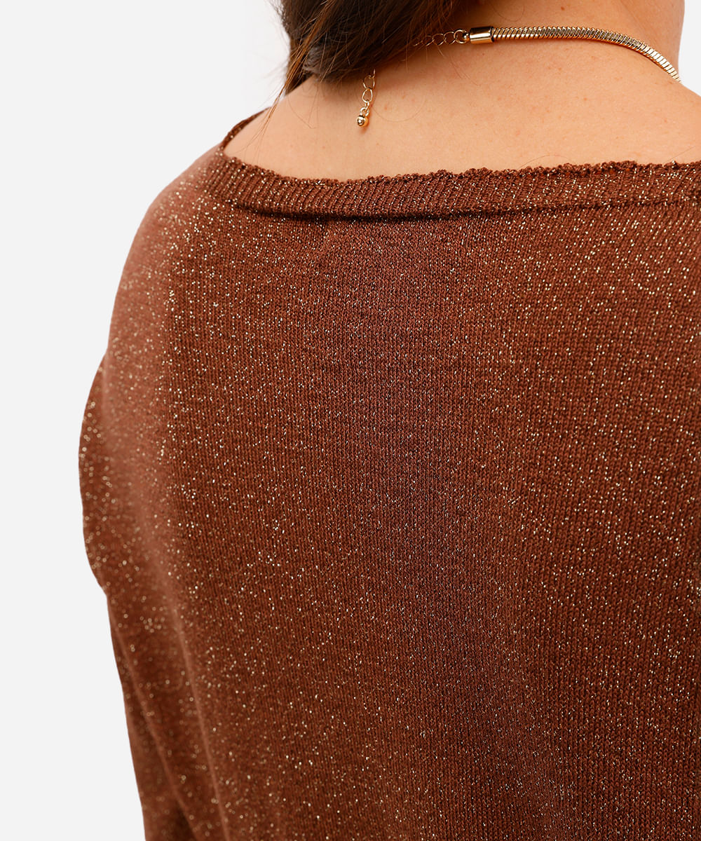 cardigan feminino de tricot com lurex marrom
