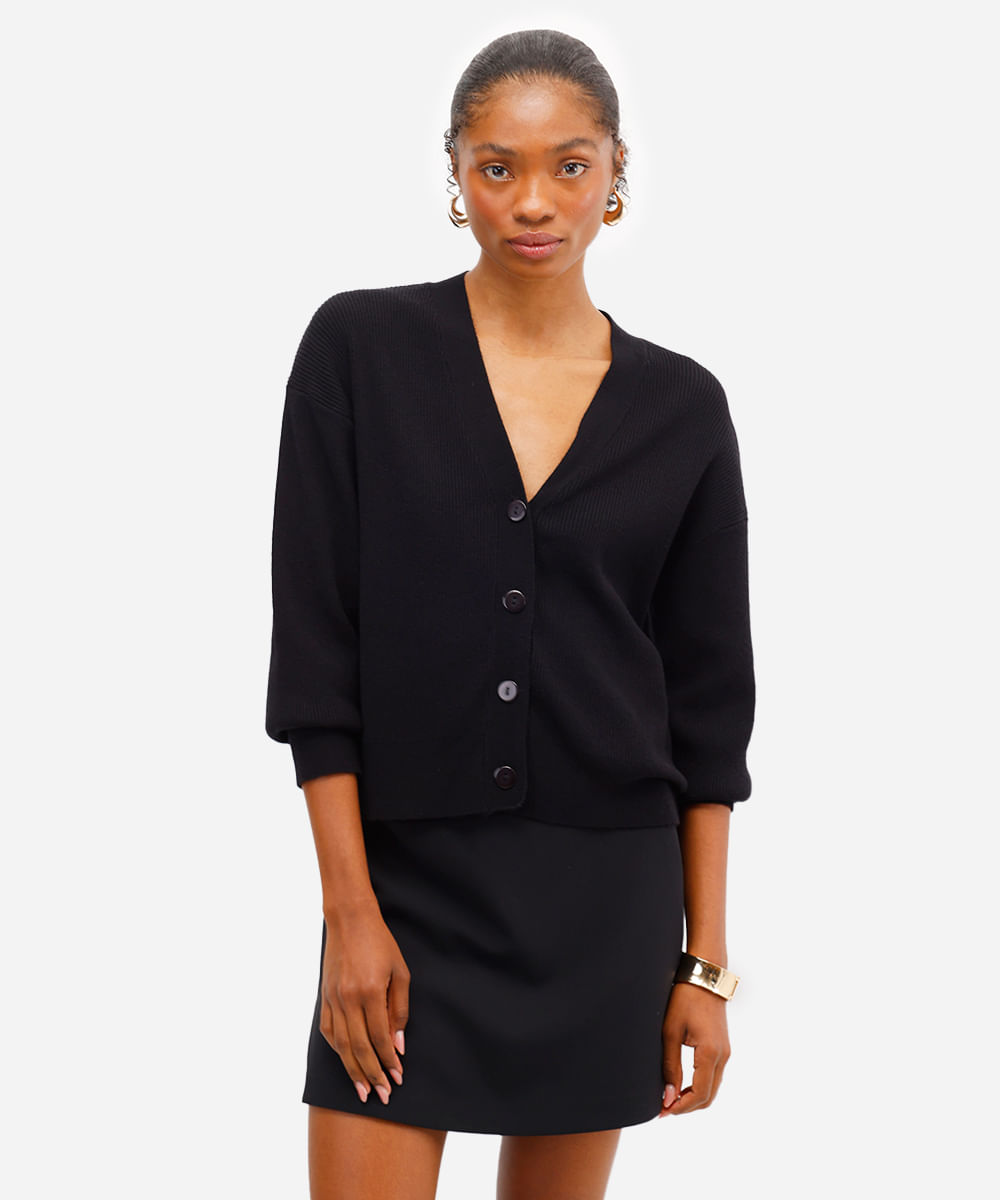 cardigan feminino canelado decote v preto