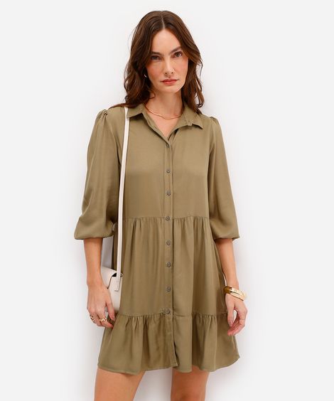 vestido chemise midi de viscose manga bufante verde