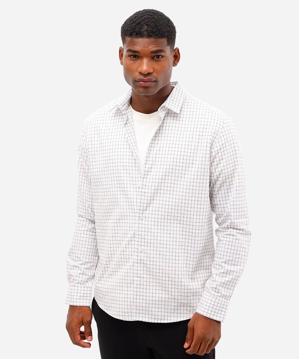 camisa masculina comfort manga longa quadriculada branca