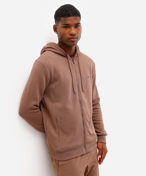jaqueta masculina de moletom esportiva com capuz e bolso marrom