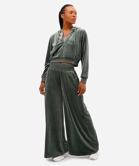 calça wide leg feminina plush esportiva verde