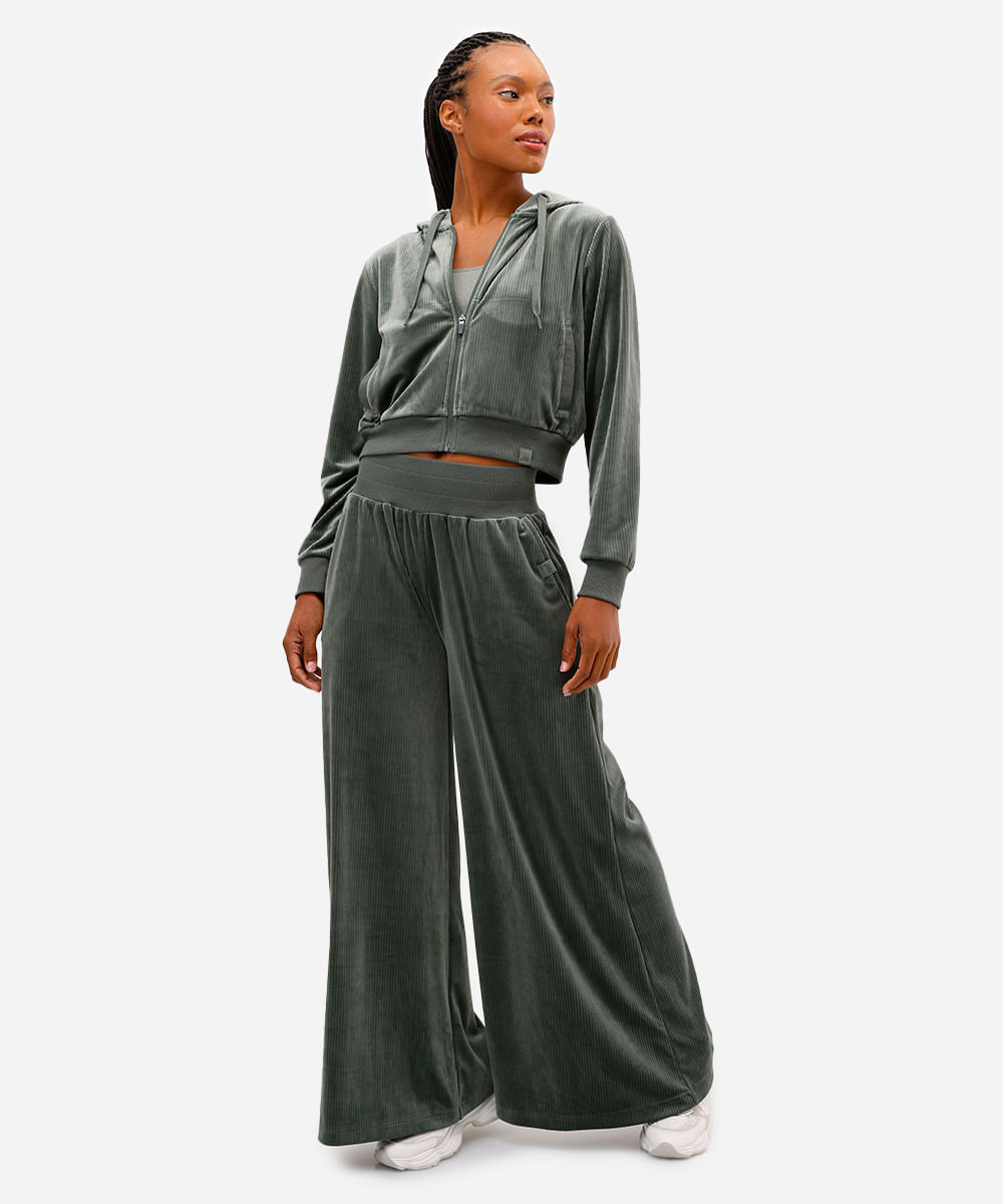 calça wide leg feminina plush esportiva verde