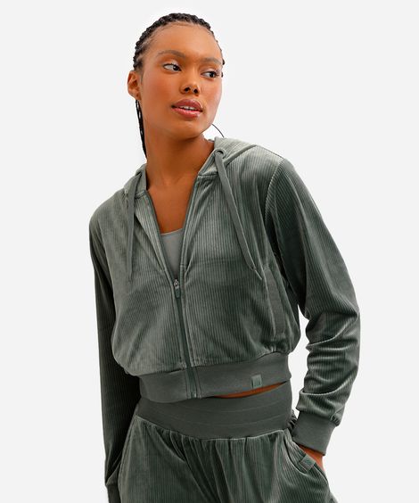 jaqueta bomber cropped plush esportiva com capuz verde