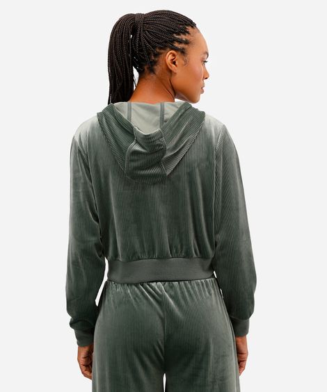 jaqueta bomber cropped plush esportiva com capuz verde