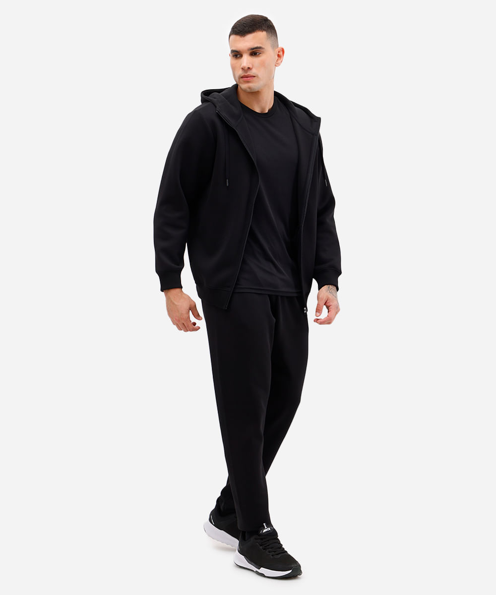jaqueta masculina de moletom esportiva com capuz e bolso preta