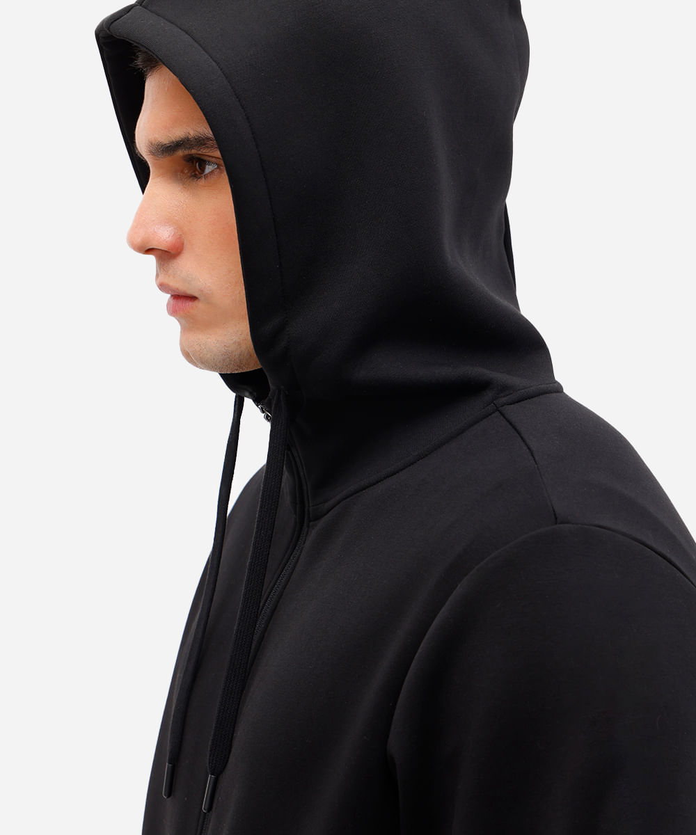 jaqueta masculina de moletom esportiva com capuz e bolso preta