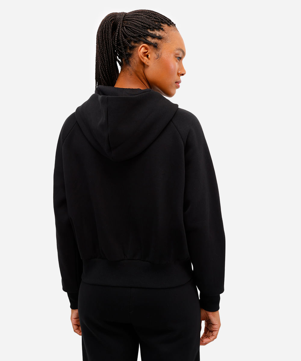 jaqueta feminina de moletom esportiva com capuz preto